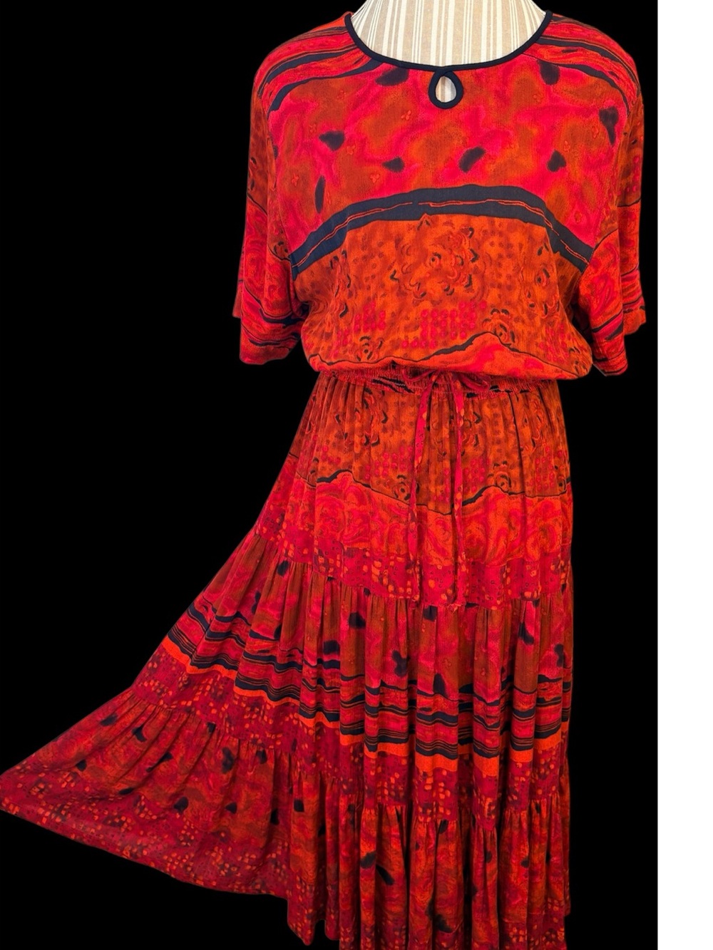 Vintage 90s Carole Little Red Boho Abstract Print Tiered Rayon Dress Size 8